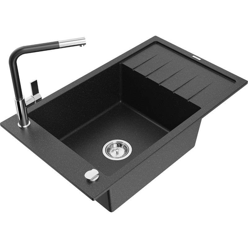 Mexen Elias granitový dřez s 1-komorou a odkapávačem a kuchyňskou baterií Flora, černý/stříbrný metalik