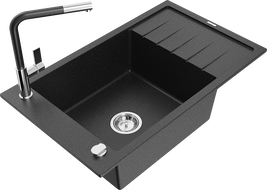 Mexen Elias granitový dřez s 1 komorou, odkapávačem a kuchyňskou baterií Flora, černý/stříbrný metalik - 6511-73-670401-07