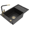 Mexen Elias granitový dřez 1-komorový s odkapávačem a kuchyňskou baterií Flora, černý/stříbrný metalik - 6511-73-670401-57-G