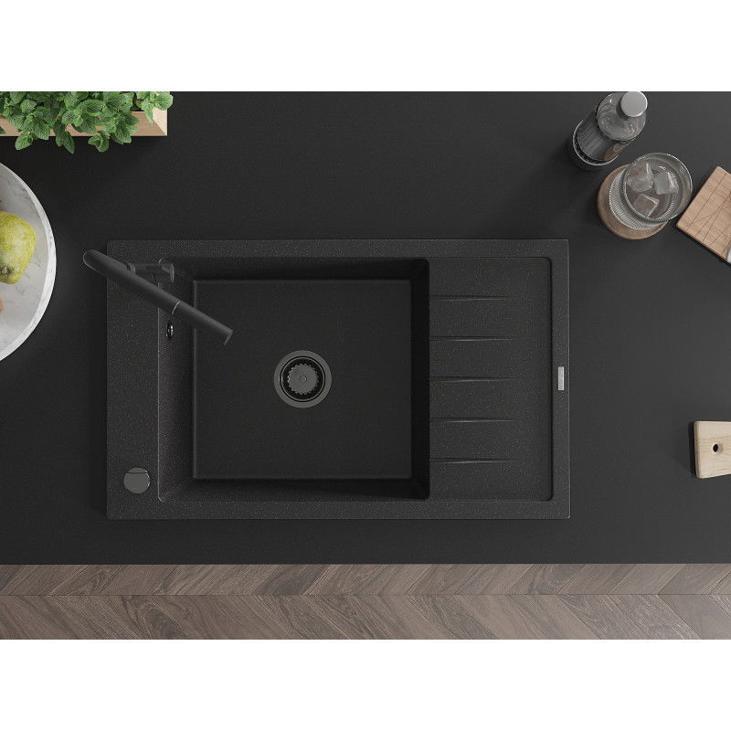 Mexen Elias granitový dřez 1-komorový s odkapávačem a kuchyňskou baterií Flora, černý/stříbrný metalický - 6511-73-670401-70-B