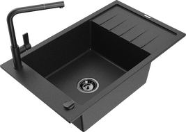 Mexen Elias granitový dřez 1-komorový s odkapávačem a kuchyňskou baterií Flora, černý/stříbrný metalický - 6511-73-670401-70-B