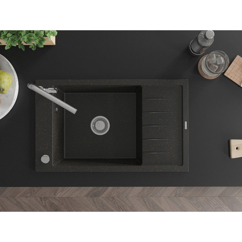 Mexen Elias dřez granitový 1-komorový s odkapávačem a kuchyňskou baterií Flora, černý/zlatý metalik - 6511-75-670401-00