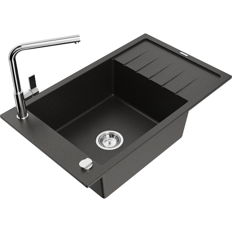 Mexen Elias dřez granitový 1-komorový s odkapávačem a kuchyňskou baterií Flora, černý/zlatý metalik - 6511-75-670401-00