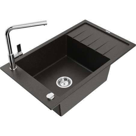 Mexen Elias dřez granitový 1-komorový s odkapávačem a kuchyňskou baterií Flora, černý/zlatý metalik - 6511-75-670401-00