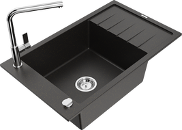 Mexen Elias dřez granitový 1-komorový s odkapávačem a kuchyňskou baterií Flora, černý/zlatý metalik - 6511-75-670401-00