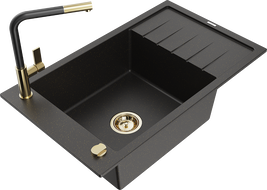 Mexen Elias granitový dřez s 1 komorou a odkapávačem a kuchyňská baterie Flora, černý/zlatý metalický - 6511-75-670401-57-G
