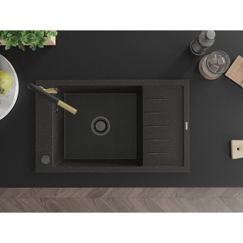 Mexen Elias granitový dřez 1-komorový s odkapávačem a kuchyňskou baterií Flora, černý/zlatý metalik - 6511-75-670401-57-B