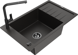 Mexen Elias granitový dřez 1-komorový s odkapávačem a kuchyňskou baterií Flora, černý/zlatý metalický - 6511-75-670401-70-B