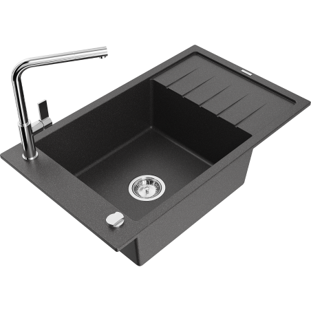 Mexen Elias granitový dřez s 1 komorou s odkapávačem a kuchyňskou baterií Flora, černý skvrnitý - 6511-76-670401-00