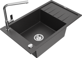 Mexen Elias granitový dřez s 1 komorou s odkapávačem a kuchyňskou baterií Flora, černý skvrnitý - 6511-76-670401-00