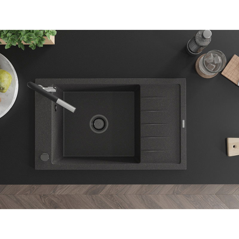 Mexen Elias granitový dřez 1-komorový s odkapávačem a kuchyňskou baterií Flora, černý skvrnitý - 6511-76-670401-07-B