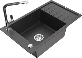 Mexen Elias jednokomorový žulový dřez s odkapávačem a kuchyňskou baterií Flora, černý s tečkami - 6511-76-670401-08