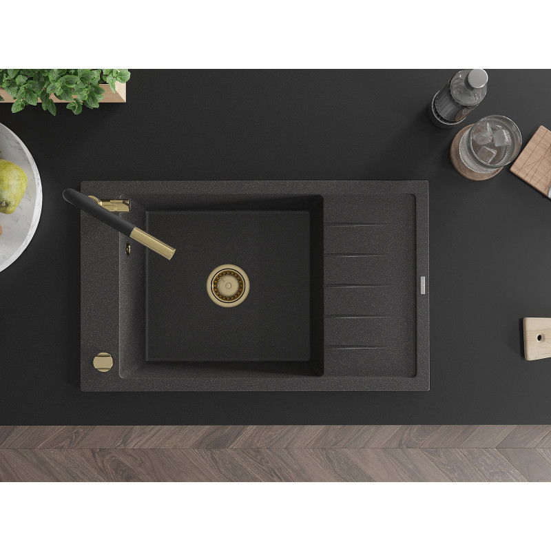 Mexen Elias granitový dřez 1-komorový s odkapávačem a kuchyňskou baterií Flora, černý posetý - 6511-76-670401-57-G