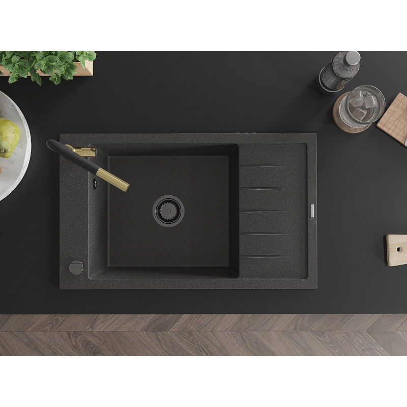 Mexen Elias granitový dřez s 1 komorou a odkapávačem a kuchyňská baterie Flora, černá skvrnitá - 6511-76-670401-57-B