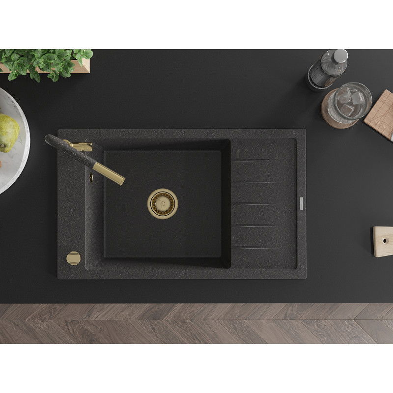 Mexen Elias granitový dřez 1-komorový s odkapávačem a kuchyňskou baterií Flora, černý kropenatý - 6511-76-670401-75-G