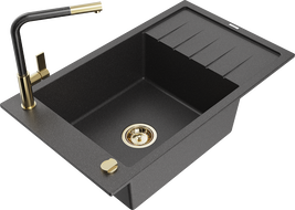 Mexen Elias granitový dřez 1-komorový s odkapávačem a kuchyňskou baterií Flora, černý kropenatý - 6511-76-670401-75-G
