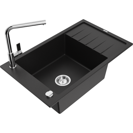 Mexen Elias granitový dřez 1-komorový s odkapávačem a kuchyňskou baterií Flora, černý - 6511-77-670401-00