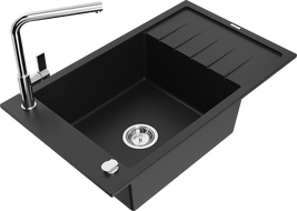 Mexen Elias granitový dřez 1-komorový s odkapávačem a kuchyňskou baterií Flora, černý - 6511-77-670401-00