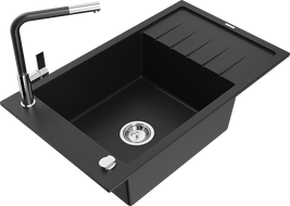 Mexen Elias granitový kuchyňský dřez s 1 komorou a odkapem a kuchyňskou baterií Flora, černý - 6511-77-670401-07
