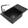 Mexen Elias granitový dřez 1-komorový s odkapávačem a kuchyňskou baterií Flora, černý - 6511-77-670401-07-B