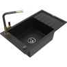Mexen Elias granitový dřez 1-komorový s odkapávačem a kuchyňskou baterií Flora, černý - 6511-77-670401-57-B
