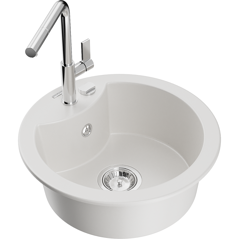 Mexen Diego granitový dřez 1-komorový s kuchyňskou baterií Flora, bílý - 6512-20-670401-00