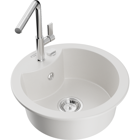 Mexen Diego granitový dřez 1-komorový s kuchyňskou baterií Flora, bílý - 6512-20-670401-00