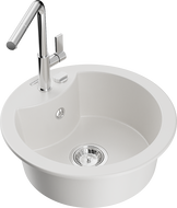 Mexen Diego granitový dřez 1-komorový s kuchyňskou baterií Flora, bílý - 6512-20-670401-00