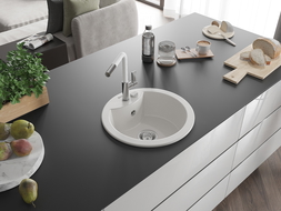 Mexen Diego granitový dřez s 1 komorou a kuchyňskou baterií Flora, bílý - 6512-20-670401-02