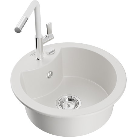 Mexen Diego granitový dřez s 1 komorou a kuchyňskou baterií Flora, bílý - 6512-20-670401-02