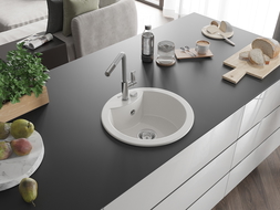 Mexen Diego granitový dřezový filtr 1-komorový s kuchyňskou baterií Flora, bílý - 6512-20-670401-06