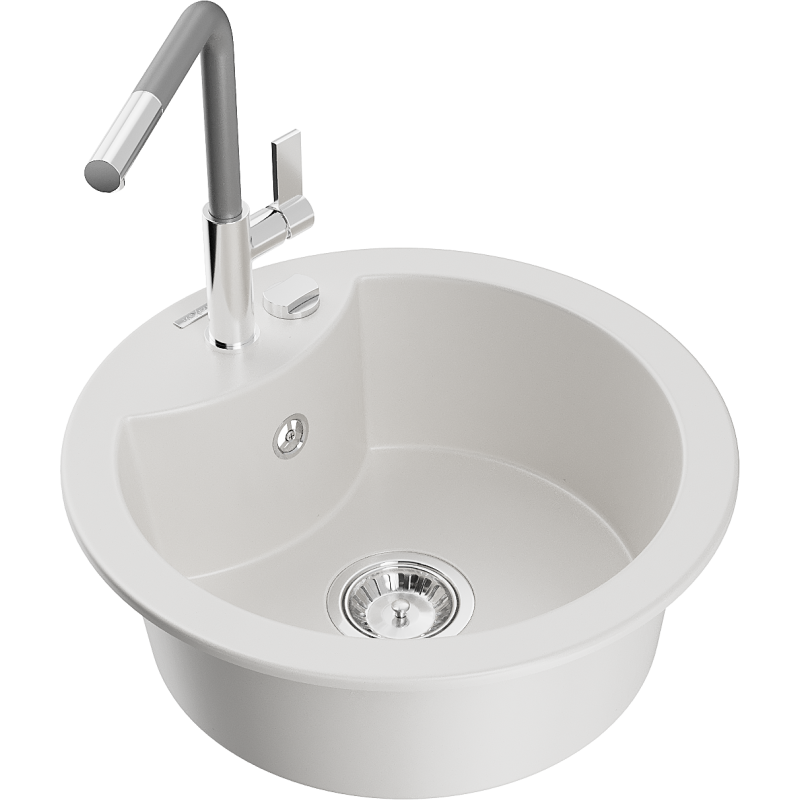 Mexen Diego granitový dřezový filtr 1-komorový s kuchyňskou baterií Flora, bílý - 6512-20-670401-06