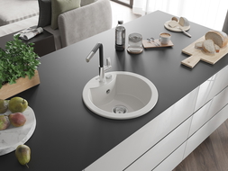 Mexen Diego granitový dřez 1-komorový s kuchyňskou baterií Flora, bílý - 6512-20-670401-07