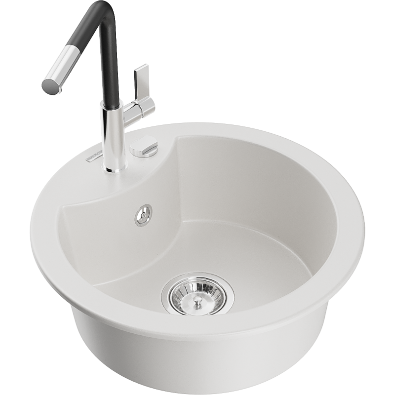 Mexen Diego granitový dřez 1-komorový s kuchyňskou baterií Flora, bílý - 6512-20-670401-07