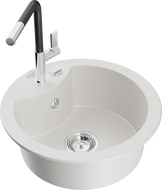 Mexen Diego granitový dřez 1-komorový s kuchyňskou baterií Flora, bílý - 6512-20-670401-07