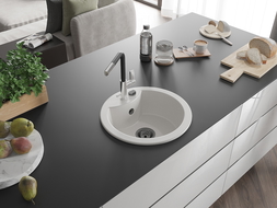 Mexen Diego granitový dřez 1-komorový s kuchyňskou baterií Flora, bílý - 6512-20-670401-07-B