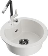 Mexen Diego granitový dřez 1-komorový s kuchyňskou baterií Flora, bílý - 6512-20-670401-07-B