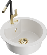 Mexen Diego granitový dřez 1-komorový s kuchyňskou baterií Flora, bílý - 6512-20-670401-57-G