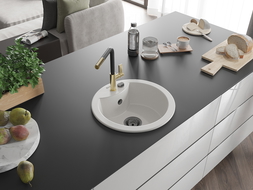 Mexen Diego granitový dřez jednokomorový s kuchyňskou baterií Flora, bílý - 6512-20-670401-57-B