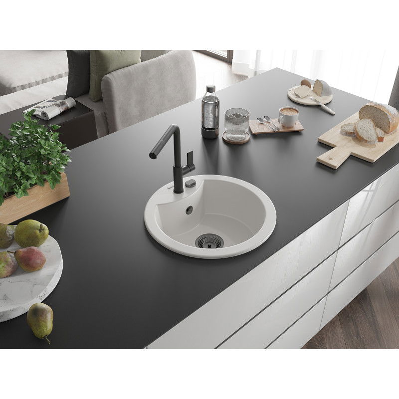 Mexen Diego granitový dřez 1-komorový s kuchyňskou baterií Flora, bílý - 6512-20-670401-70-B