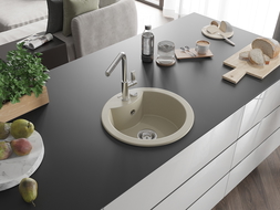 Mexen Diego granitový dřez 1-komorový s kuchyňskou baterií Flora, béžový - 6512-69-670401-00