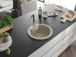 Mexen Diego granitový dřez 1-komorový s kuchyňskou baterií Flora, béžový - 6512-69-670401-07