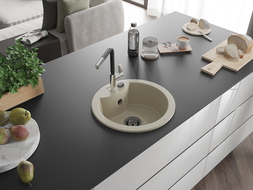 Mexen Diego granitový dřez 1-komorový s kuchyňskou baterií Flora, béžový - 6512-69-670401-07-B