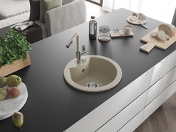 Mexen Diego granitový dřez 1-komorový s kuchyňskou baterií Flora, béžový - 6512-69-670401-09