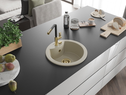 Mexen Diego granitový dřez s 1 komorou a kuchyňskou baterií Flora, béžový - 6512-69-670401-57-G