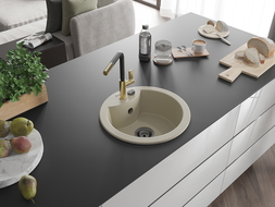 Mexen Diego granitový dřez 1-komorový s kuchyňskou baterií Flora, béžový - 6512-69-670401-57-B