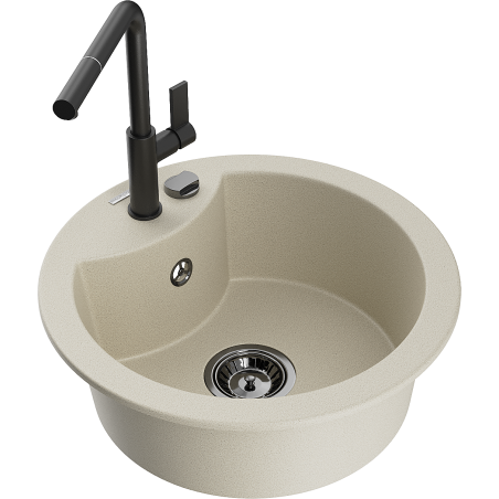 Mexen Diego granitový dřez s 1 komorou a kuchyňskou baterií Flora, béžový - 6512-69-670401-70-B