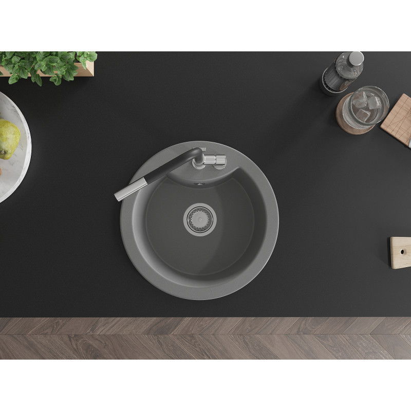 Mexen Diego granitový dřez 1-komorový s kuchyňskou baterií Flora, šedý - 6512-71-670401-07