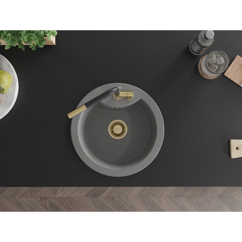 Mexen Diego granitový dřez 1-komorový s kuchyňskou baterií Flora, šedý - 6512-71-670401-57-G