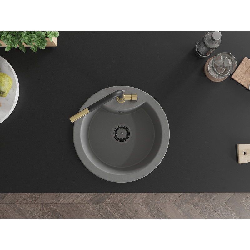 Mexen Diego granitový dřez 1-komorový s kuchyňskou baterií Flora, šedý - 6512-71-670401-57-B